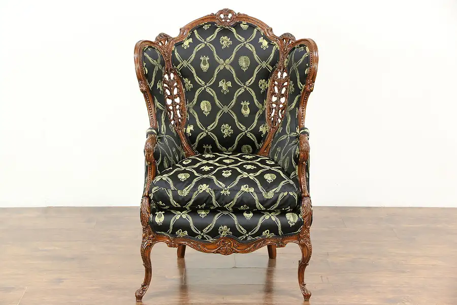 Main image of Carved 1940's Vintage Wing Chair, New Upholstery, Down Cushion