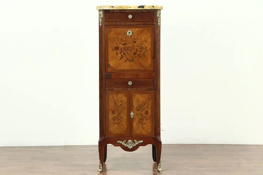 Main image of Marble Top Antique Marquetry Secretary Desk & Jewelry Chest, France