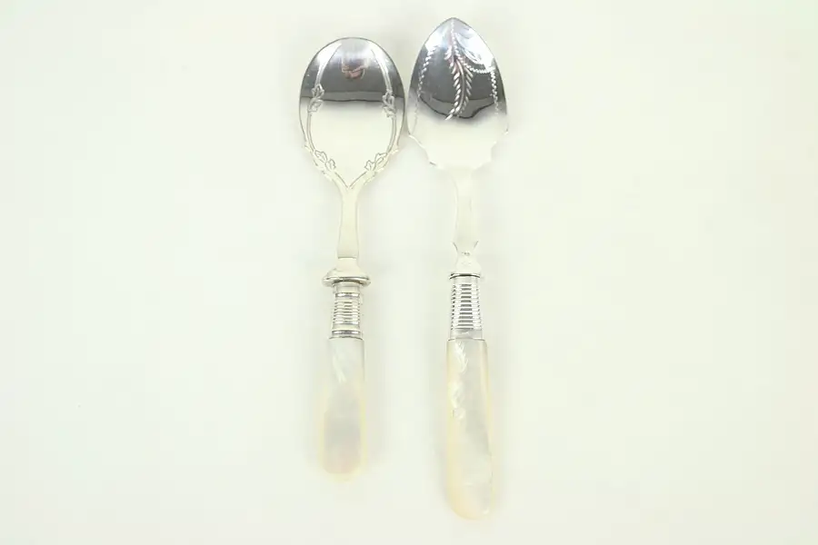 Main image of Pair of Pearl Handle Engraved Silverplate Serving Spoons, England