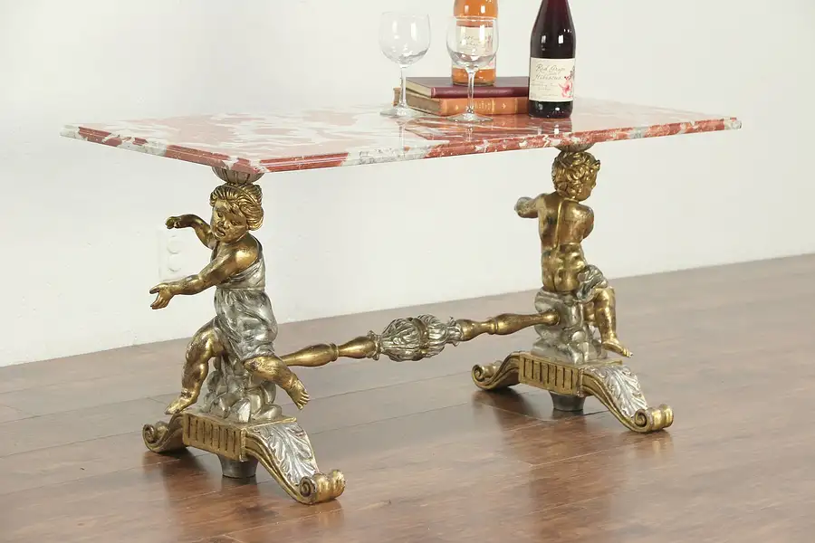 Main image of Marble Top Coffee or Cocktail Table, Gold & Silver Leaf Cherub, Italy
