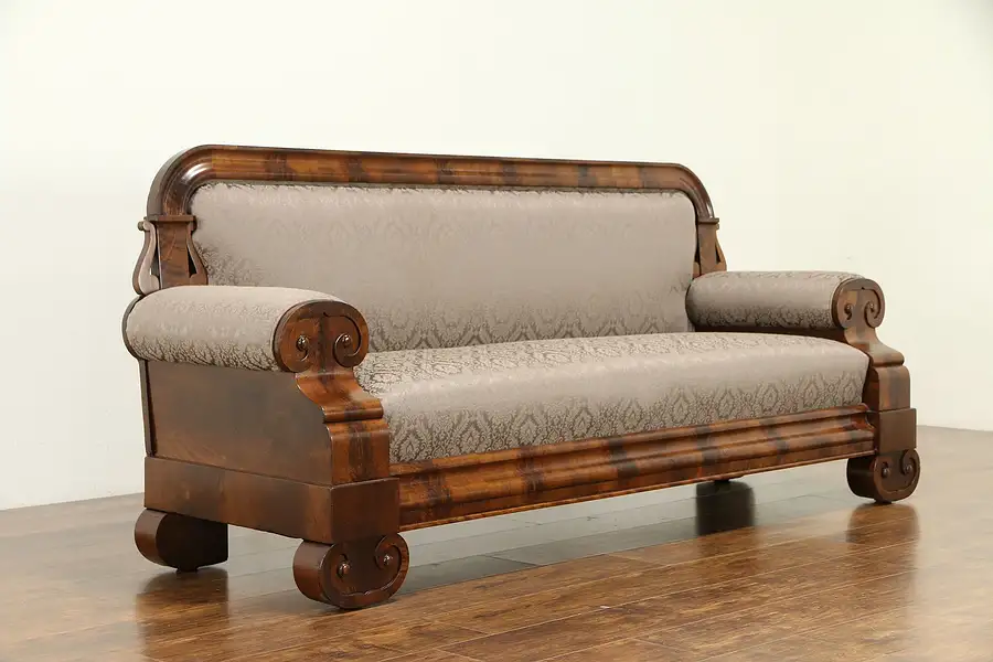 Main image of Empire Antique 1830 Flame Mahogany Classical Sofa, New Upholstery