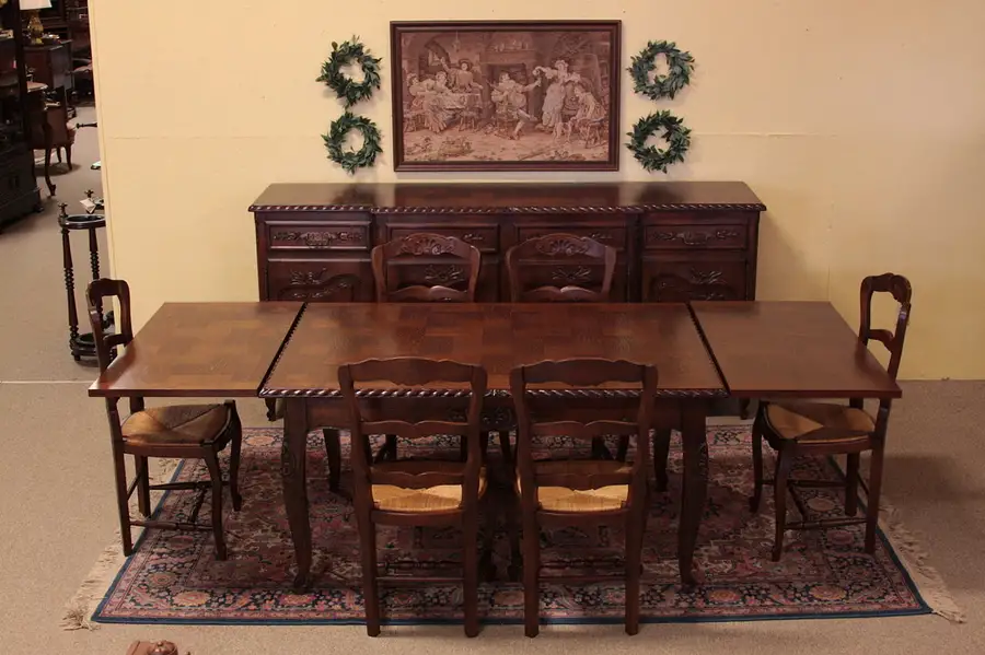 Main image of Country French Carved Oak Dining Set, 6 Chairs
