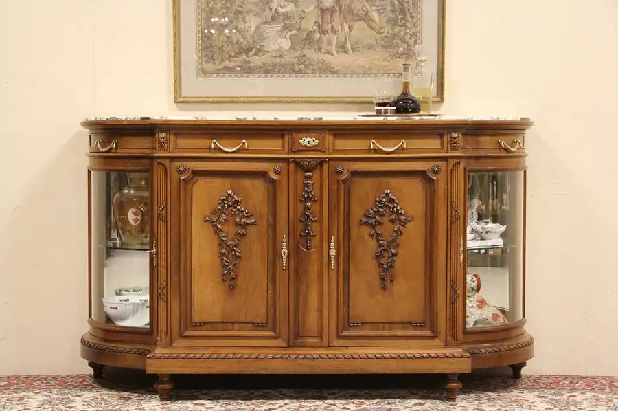 Main image of French Marble Top Sideboard & Curved Glass Curio Cabinet