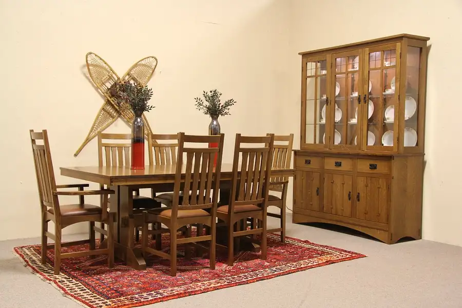 Main image of Arts & Crafts Oak Dining Set, Table, 6 Leather Chairs & China Cabinet