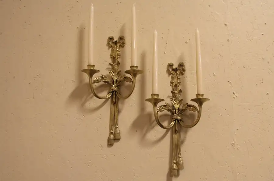 Main image of Pair of French Bronze 1890's Wall Candle Sconces with Leaves
