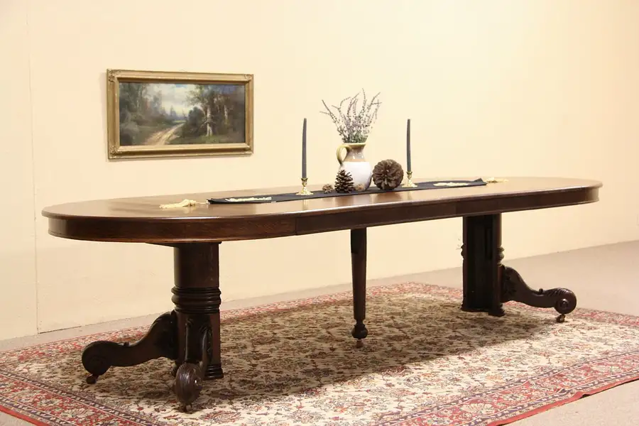 Main image of Oak Round 48" Antique 1900 Dining Table, Six Leaves