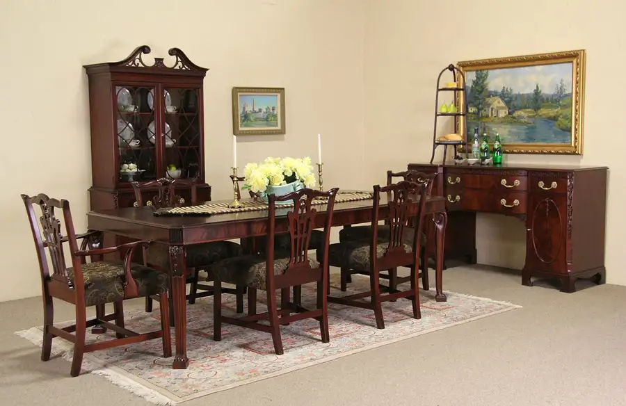 Main image of Georgian 1940 Vintage 9 Pc Dining Set, Table, 6 Chairs, China Cabinet, Sideboard