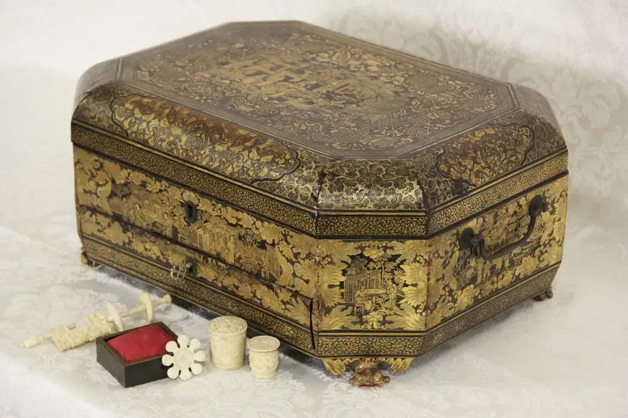 Main image of Chinese 1820 Antique Hand Painted Lacquer Sewing &Writing Box