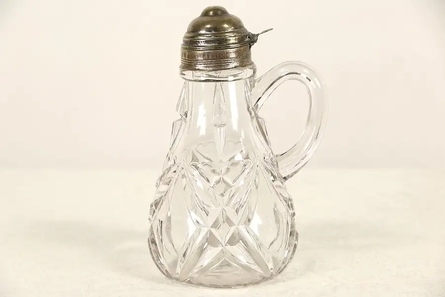 Main image of Victorian Blown 1890 Antique Pattern Glass Syrupor Cream Pitcher, Brass Lid