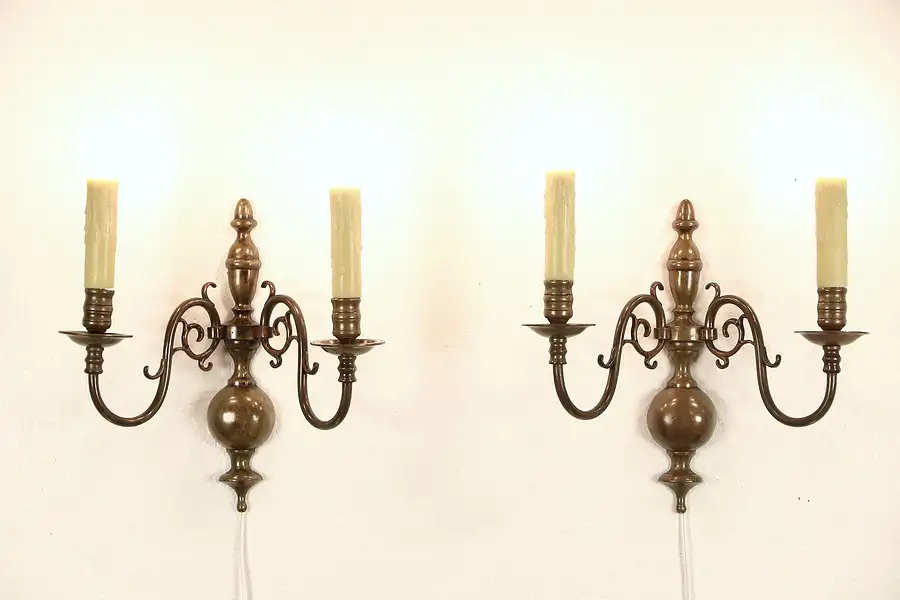 Main image of Pair 1910 Antique Brass Double Wall Sconces, Beeswax Candles