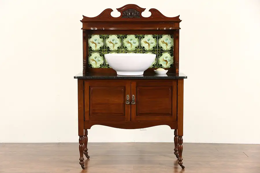 Main image of English 1900 Antique Washstand, Bar, Server or Sideboard, Marble & Tiles