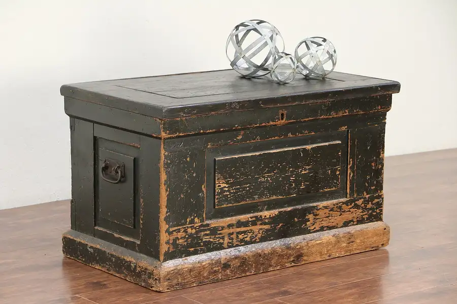Main image of Country Pine Antique Trunk, Chest or Coffee Table, Old Paint, Signed