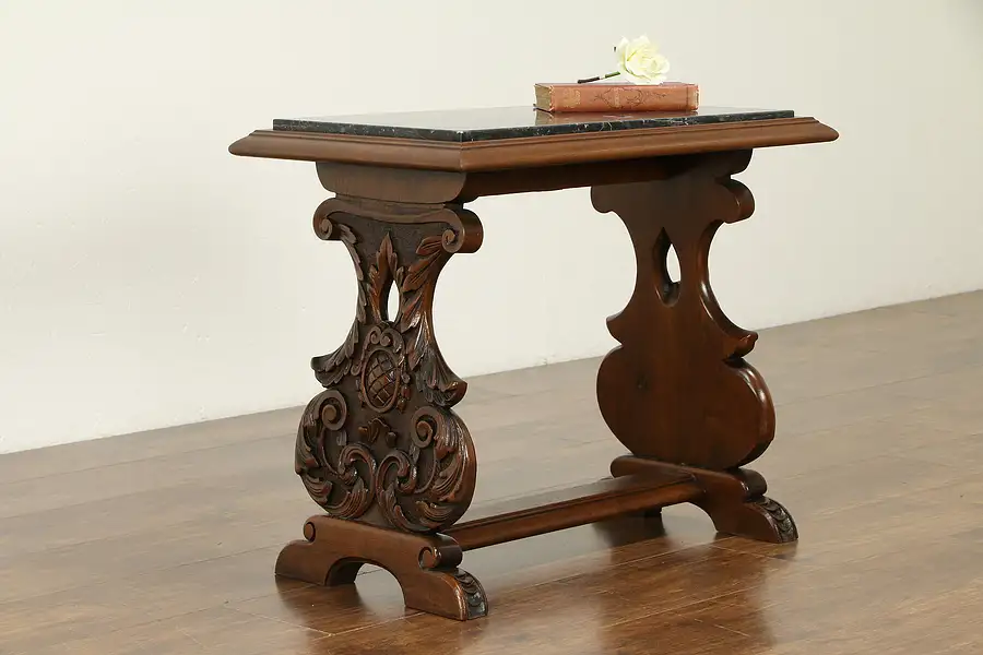 Main image of Carved Antique Scandinavian Small Coffee or Chairside Table, Marble Top