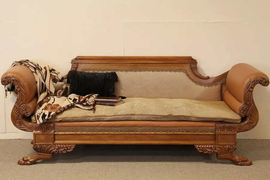 Main image of Empire Antique 1830 Carved Mahogany Sofa, Leather