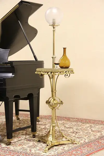 Main image of Victorian 1870 Antique Brass Adjustable Piano Lamp & Table