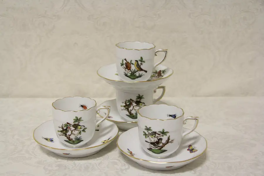 Main image of Herend Rothschild Bird Set of 4 After Dinner Demitasse Cups & Saucers