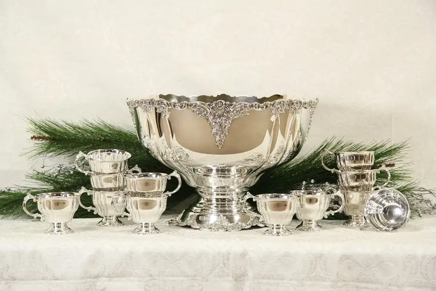Main image of Wallace Baroque Silverplate Punch Set Bowl & 12 Cups