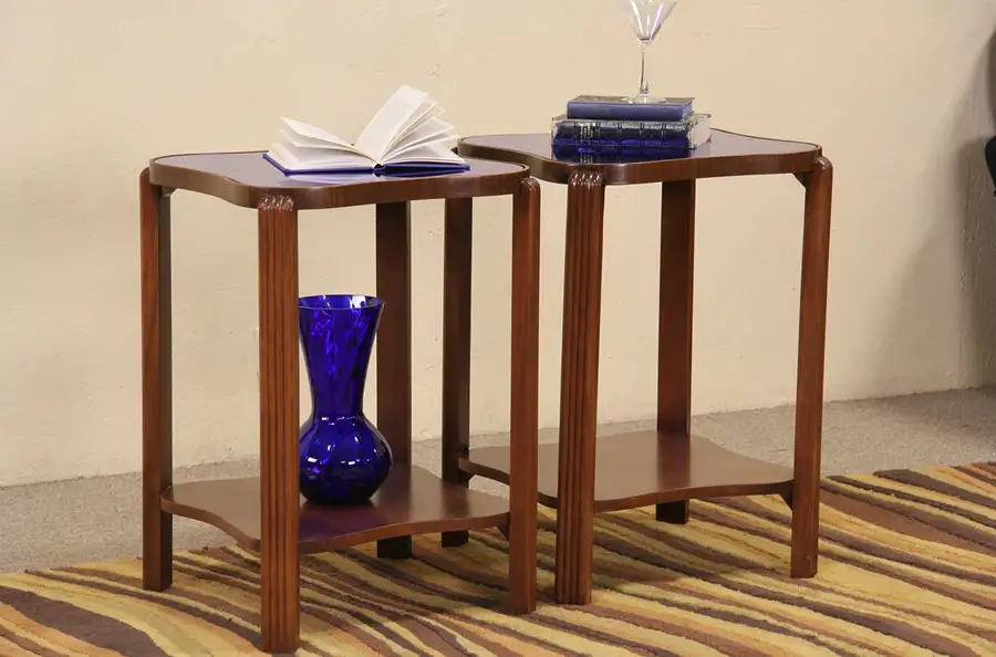 Main image of Art Deco 1940 Pair of End Tables, Blue Mirrors