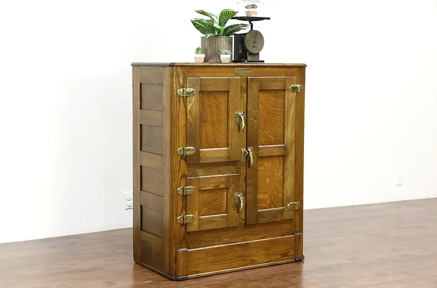 Main image of Oak 1895 Antique Ice Box, Brass Hardware, Signed Art Bedstead, Chicago