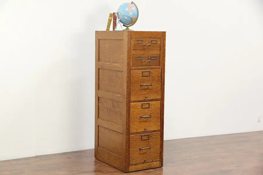 Main image of Oak 1930's 5 Drawer Filing Cabinet, Letter & 3x5 Card Sizes