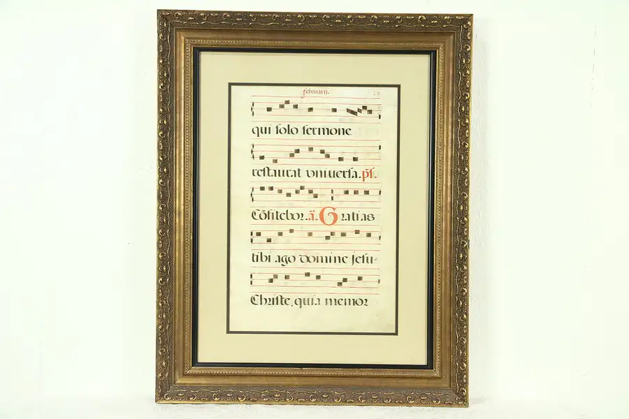 Main image of Musical Antique 1600's Latin Manuscript, Hand Painted on Vellum, Framed