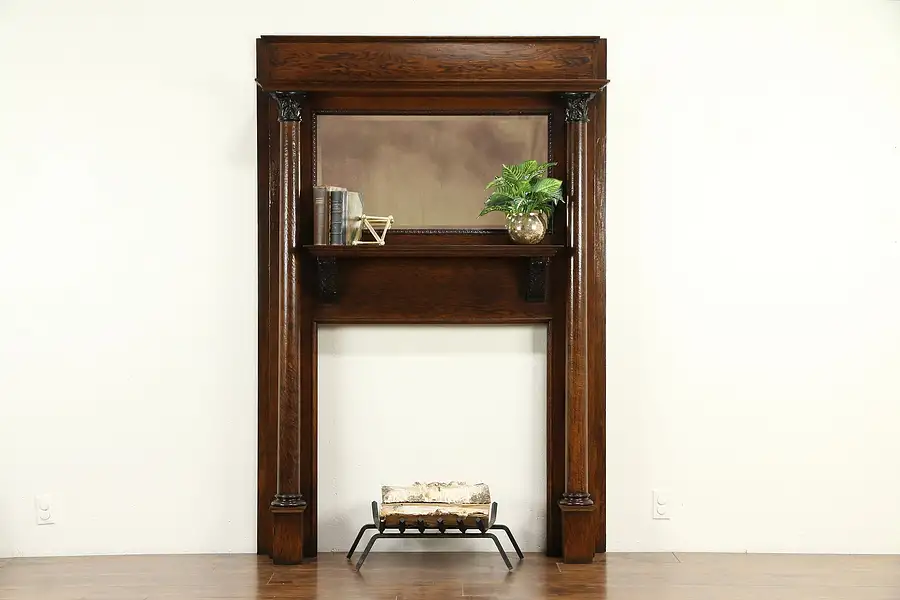 Main image of Oak Antique Fireplace Mantel, Architectural Salvage, Beveled Mirror