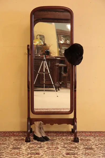Main image of Oak Antique Cheval Dressing Mirror, Carved Clawfeet