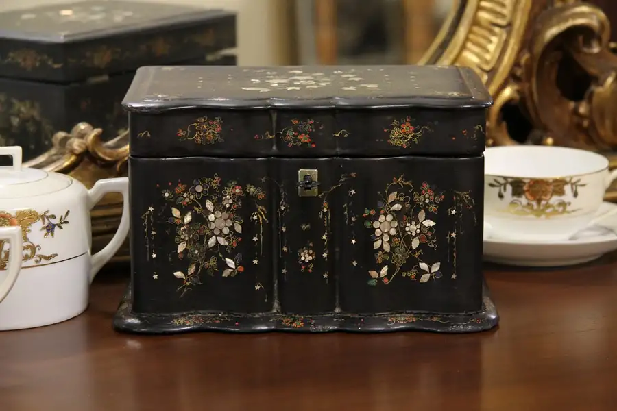 Main image of Victorian Papier Mache Pearl Tea Poy Box