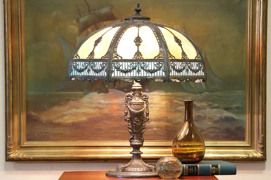 Main image of Stained Glass 1920 Antique Filigree Panel Lamp