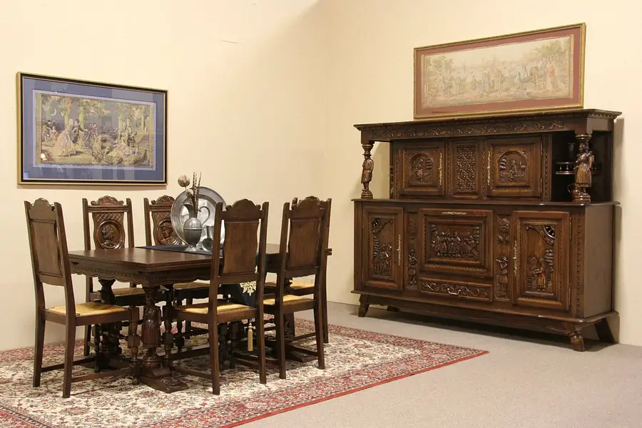 Main image of Brittany Dining Table Set, Oak with Carved Figures