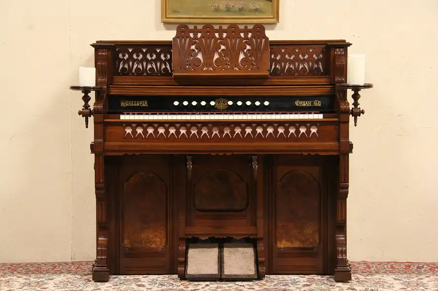 Main image of Worcester MA Victorian 1890 Antique Walnut Pump or Reed Organ