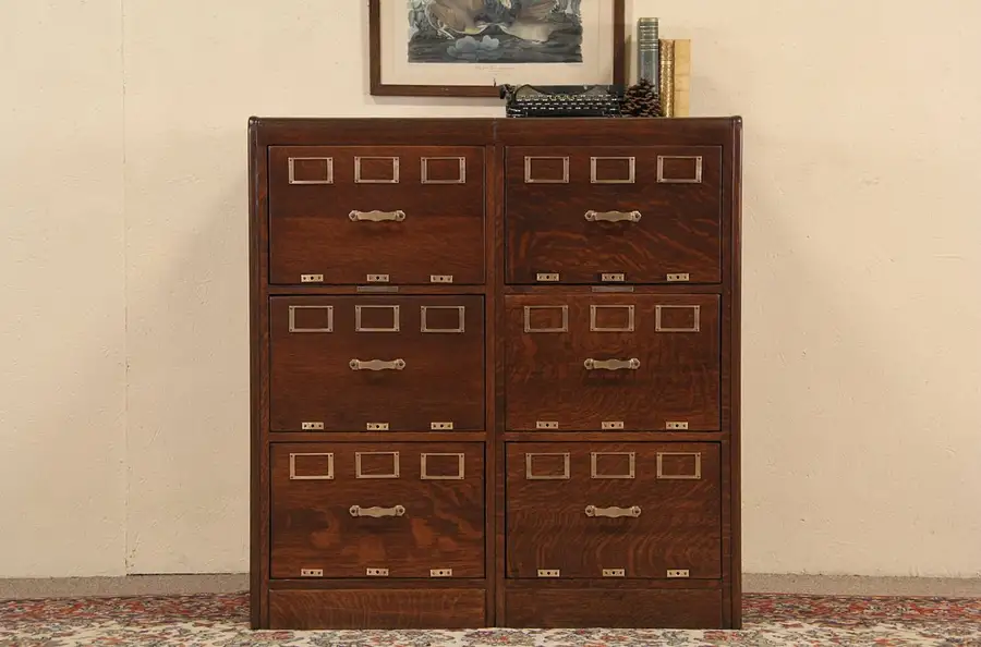 Main image of Library Bureau 6 Drawer Oak 1915 Double 6 Drawer File Cabinet