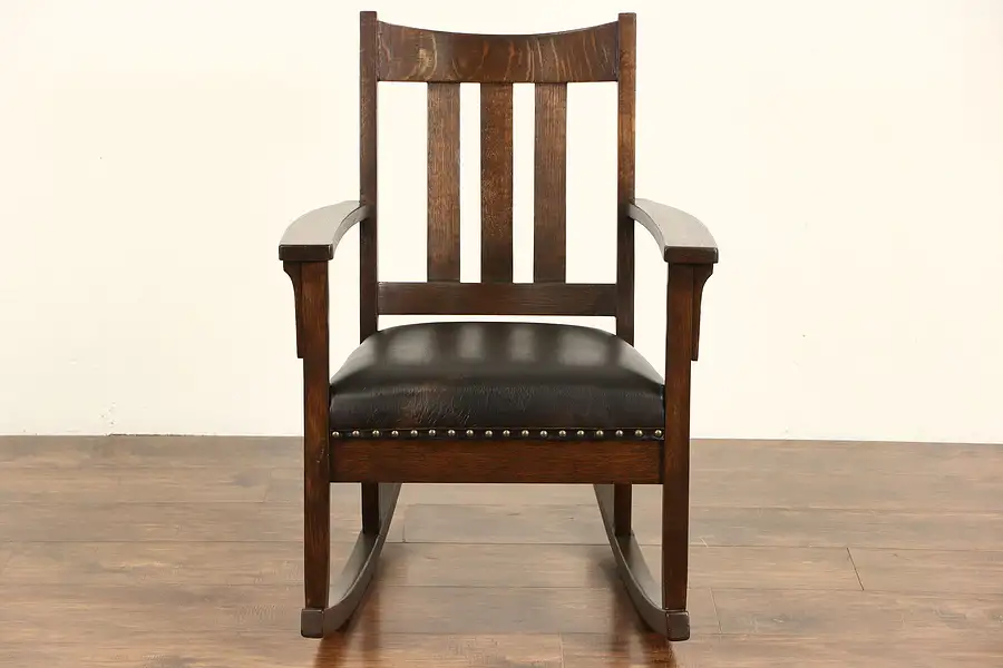 Main image of Arts & Crafts Mission Oak Rocking Chair 1905 Antique Rocker, Leather