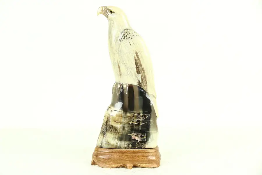 Main image of Bird Sculpture, Eagle? Hand Carved Buffalo Horn, Thailand Folk Art 12" Tall