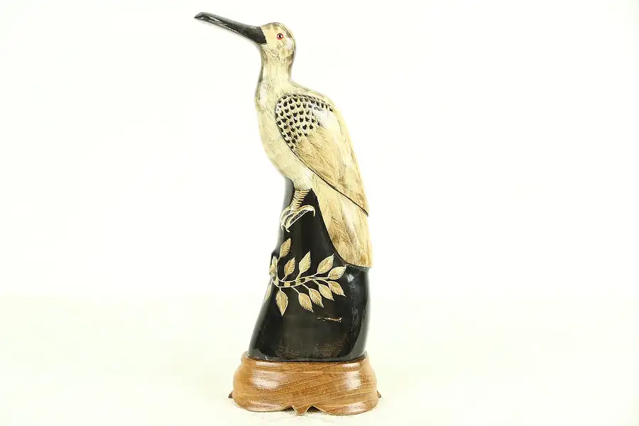 Main image of Bird Sculpture, Hand Carved Buffalo Horn, Thailand Folk Art 11" Tall