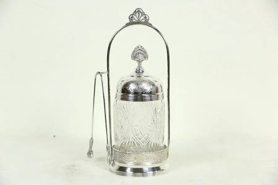 Main image of Victorian Antique 1890 Silverplate Pickle Castor or Server, Tongs