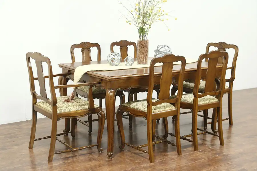 Main image of Country French Vintage Oak Dining Set, Table, 6 Chairs, New Upholstery