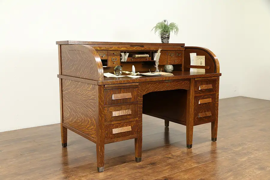 Main image of Oak Quarter Sawn Antique 1900 Rolltop Desk, Signed Wallender, IL
