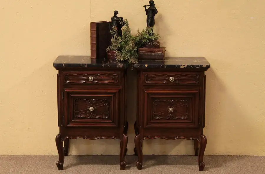Main image of Pair of Marble Top Nightstands Bedside or End Tables