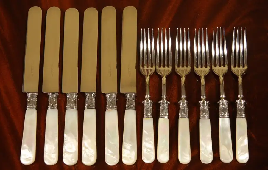 Main image of Set of Pearl Handle Silverware, 6 Knives, 6 Forks