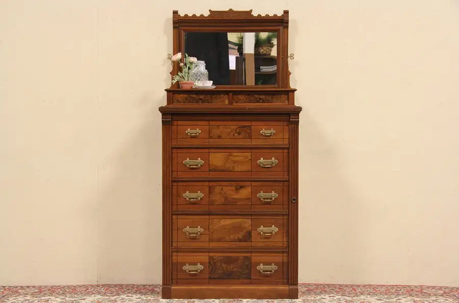 Main image of Eastlake 1875 Antique Tall Chest with Mirror, Jewelry Drawers