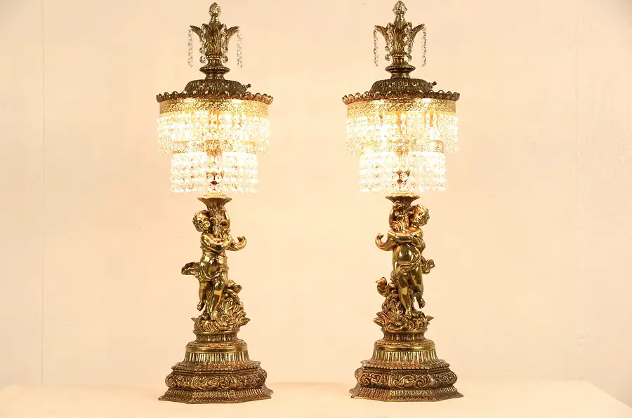 Main image of Pair of Hollywood Regency 1960 Vintage Cupid or Angel Lamps, Crystal Prisms