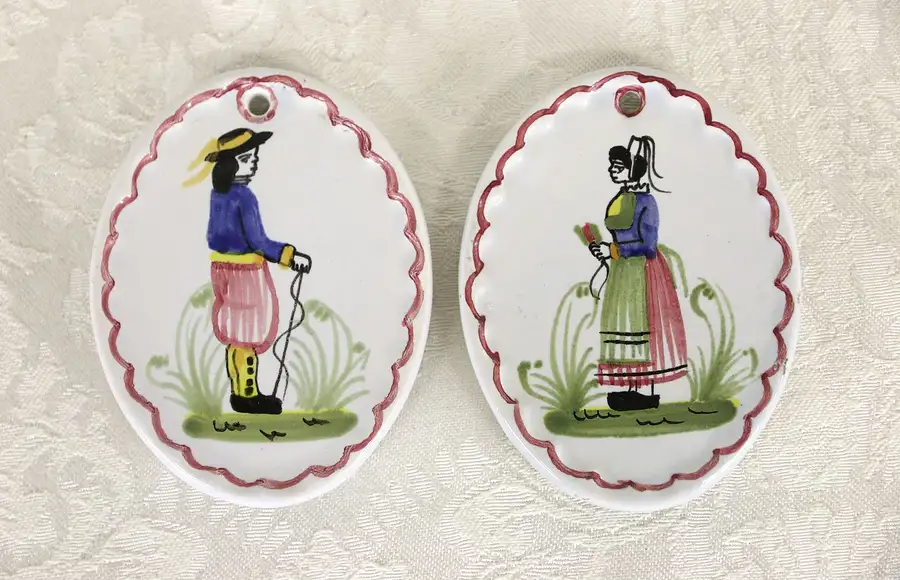 Main image of Quimper Pair of Christmas 1981 Ornament, Hand Painted, Signed Brittany, France