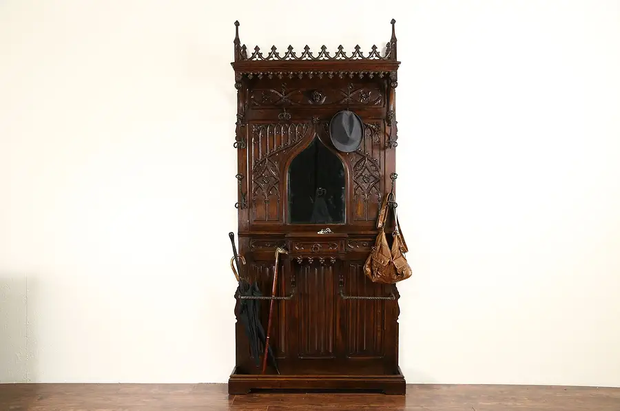Main image of French Gothic 1875 Antique Carved Oak Hall Stand & Mirror, Wrought Iron Hooks