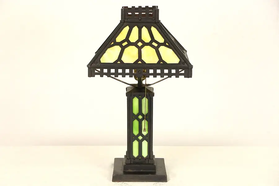 Main image of Arts & Crafts Mission Period 1905 Antique Iron Lamp, Stained Glass