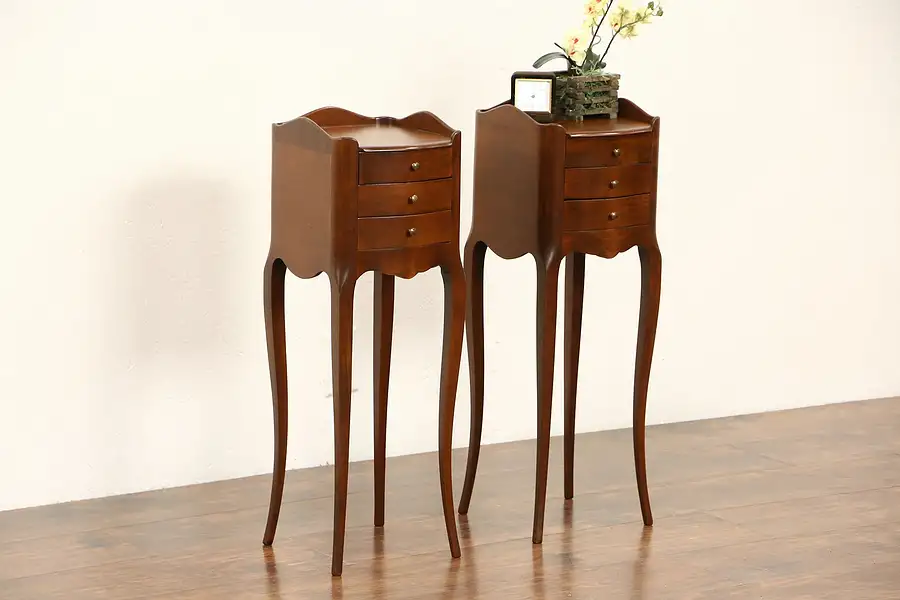 Main image of Pair of Tiny French Fruitwood 1940's Vintage Nightstands or End Tables