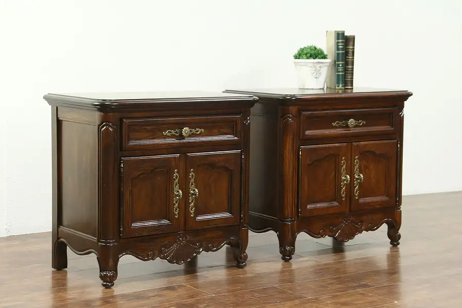 Main image of Country French Vintage Oak Pair Nightstands or End Tables, signed Hickory