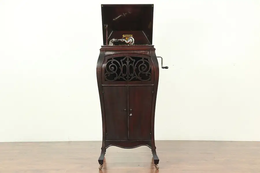 Main image of Sonora Signed Antique Mahogany Phonograph, Wind Up Player & Records
