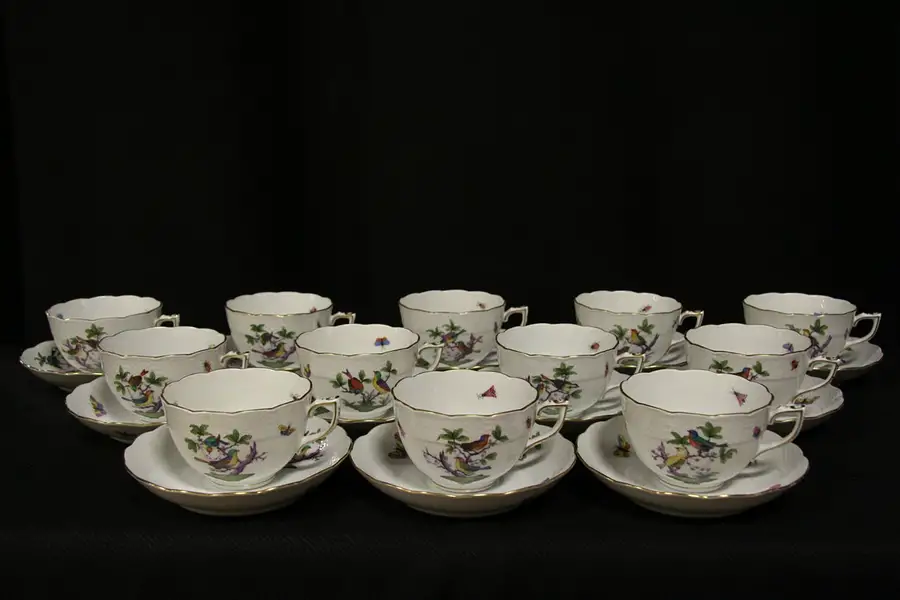 Main image of Herend Rothschild Bird China Set of 12 Pastel Tea or Coffee Cups and Saucers
