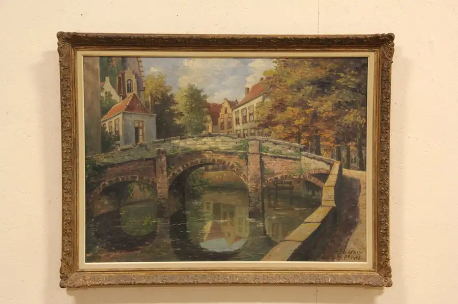 Main image of Bridge in Bruges, Genesen or Genese Flemish Signed 1930's Oil Painting